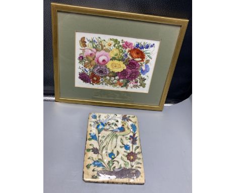 An English porcelain flower painted plaque, c.1830, 16.5 x 23cm and a Persian Qajar tileCONDITION: English plaque is badly cr