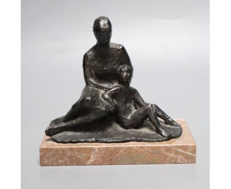 Manner of Alfred Bertram Pegrain (1873-1941), bronze group of a mother and child on marble base, height 13cm