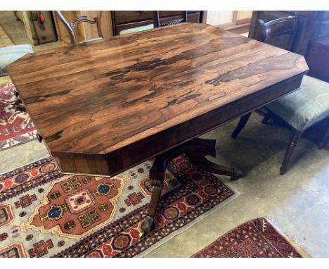 A Regency rosewood centre table fitted drawers on pillar and quadripartite platform base, width 117cm, depth 88cm, height 72c