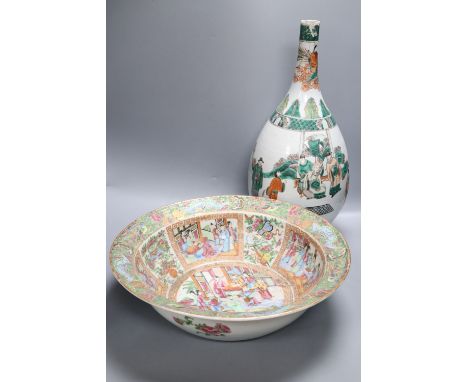 A 19th century Chinese famille rose basin and famille verte bottle vase, tallest 47cm, damageCONDITION: Provenance - Alfred T