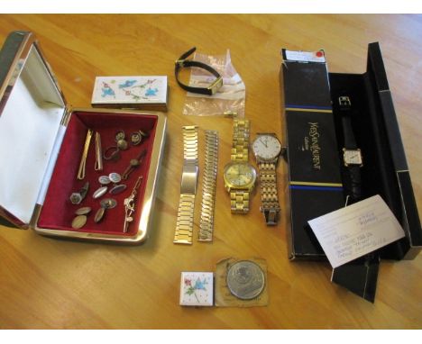 An YSL ladies watch in a box, three other watches to include a gents Tissot, cufflinks and tie clips, together with a signet 