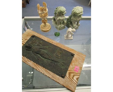 A mixed lot of items to include a Deli Vos Guard patinated metal plaque, mounted on a wooden board, 12 5/8 x 6 2/8, a pair of