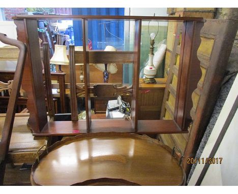 An Edwardian mahogany and marquetry kidney-shaped tray and a modern four-tier wall shelf, 37h x 22w