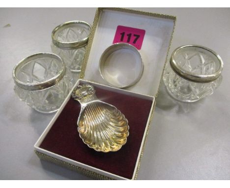 A small mixed lot of silver to include a caddy spoon, Birmingham 1971, a napkin ring and three cut glass salts with silver ri