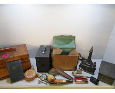 A mixed lot to include a canvas cased 2A Brownie box camera no 116, an early 20th century Blackpool Tower metal money box wit