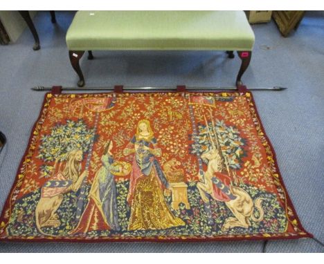 A mahogany framed duo footstool, together with a wall tapestry