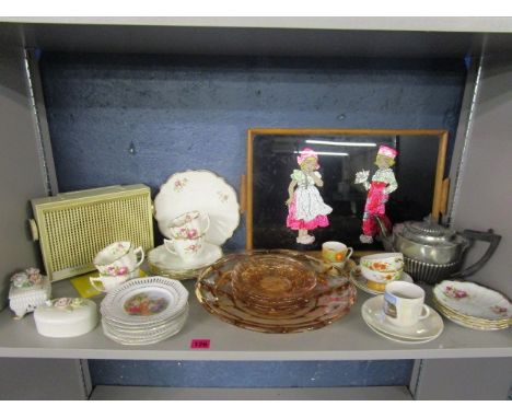 Mixed ceramics, a silver plated teapot, Sobell transistor portable radio with leaflet, a coloured foil picture tray and other