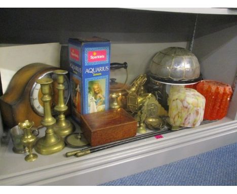 A mixed lot to include swagger sticks, a mantle clock, a Victorian inlaid burr walnut box, retro shades, brassware and other 