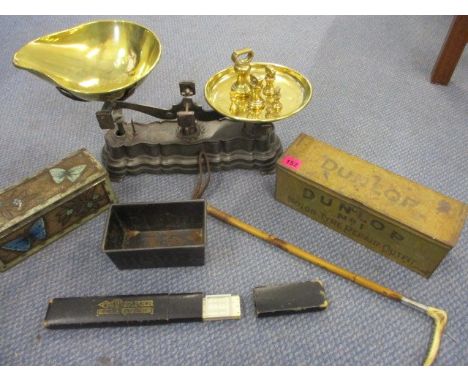 A vintage lot to include kitchen scales, tins to include a Dunlop No 1 repair outfit tin
