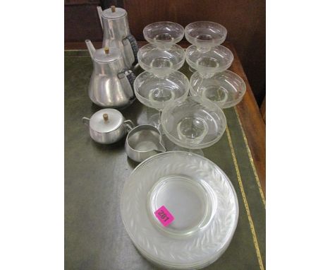 Early 20th century Champagne saucers and matching plates, together with a pewter teaset
