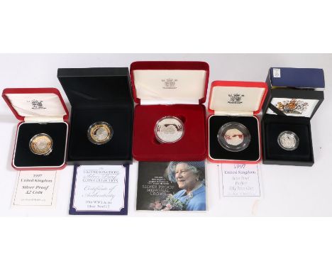 Five Royal Mint cased silver proof coins, 2016 WWI army £2, 1997 piedfort 50p, Queen Elizabeth the Queen Mother memorial crow
