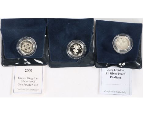 Three silver proof £1 coins, 2001 piedfort, 2010 piedfort, 1990 (3)