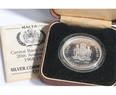 Central Bank of Malta 20th Anniversary 1968-1988 Silver Commemorative coinLm 5. Diameter 38.61mm. Weight 28.28g. Issue limit 