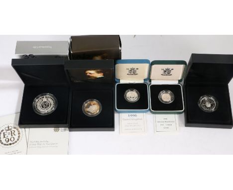 Five Royal Mint cased silver proof coins, 1994 Bank of England 1694-1994 piedfort £2, 2016 90th birthday of Her Majesty the Q