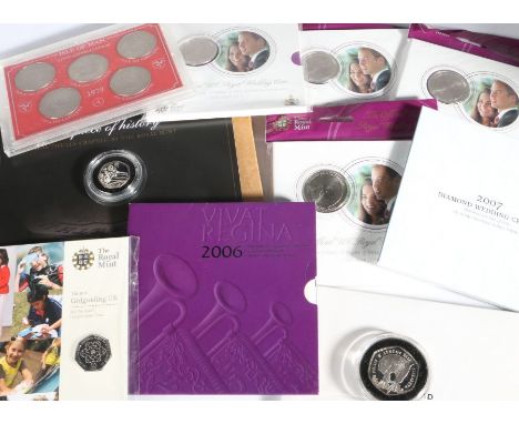 The Royal Mint, to include 2007 Diamond wedding, 2010 Girl guiding, Alderney Silver Proof 2007 Crown, 2011 Royal Wedding x 4,