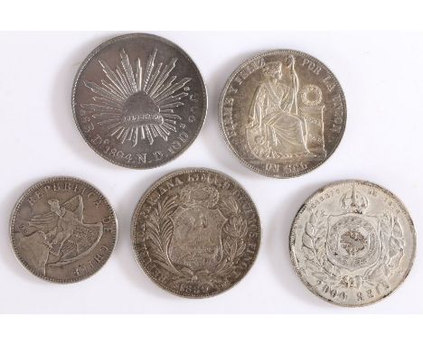 The America's, to include a Brazil 2000 Rels, 1889, ex mounted, Guatemala Un Sol, 1889, Peru Un Sol, 1887, Mexico 8 R, 1895 a