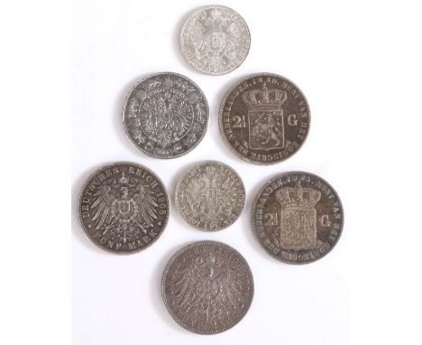 Coins, to include Baden 5 mark 1908, Otto Koenig Von Bayern Funf Mark 1908, Netherlands Willem III, 1872, 1850 and Austria 1 