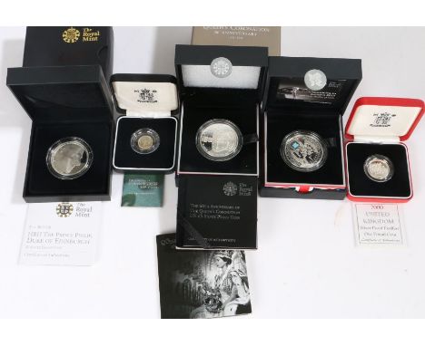 Five Royal Mint cased silver proof coins, 2011 HRH Prince Philip Duke of Edinburgh £5, 2013 60th anniversary of the Queen's c