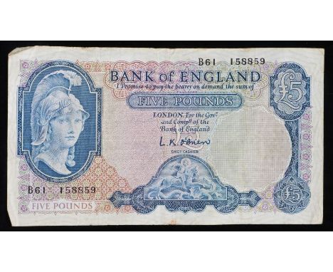 Bank of England - Lion &amp; Key Series Five Pounds, c.1955-62, Signatory L K O Brien, serial number B61 158859