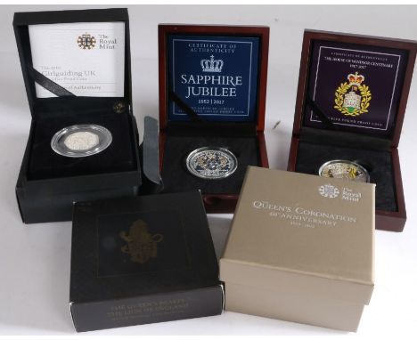 The Royal Mint, to include 60th Anniversary The Queens Coronation, UK £5 silver proof, 2010 Girl Guiding silver proof 50p, Th