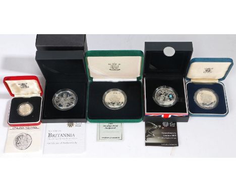 Five Royal Mint cased silver proof coins, 1983 £1, 2011 countdown to London 2012 piedfort £5, 2011 Britannia one ounce £2, 19