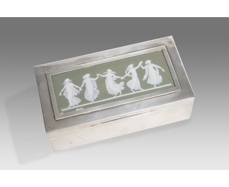 An English silver cigarette box with a pate de verre style panel of 5 nymphs on the lid