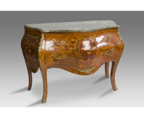 A 19th French marquetry bombe walnut 2 drawer commode with heavy brass mounts and a green marble top (old damage)
