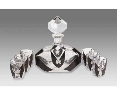 A good art deco black and white decanter and 6 matching liquer glasses
