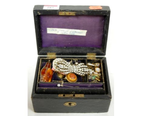 A Victorian leather clad jewellery box and contents to include pair of gentlemen's gilt metal mother of pearl cufflinks, ladi