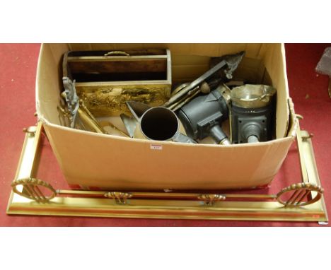 A large collection of miscellaneous metal wares to include brass magazine rack, turned brass fire tools, pair of coaching lam