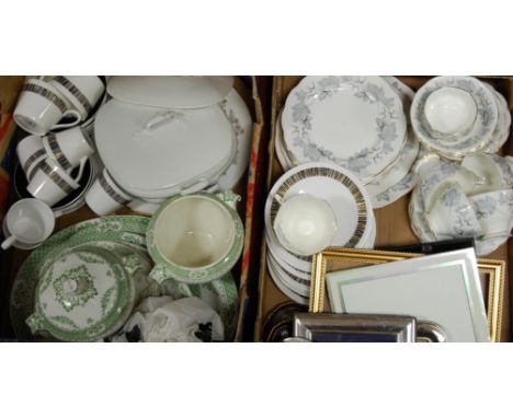 Two boxes of miscellaneous items to include; Royal Albert part tea service in the Silver Maple pattern, Victorian transfer de