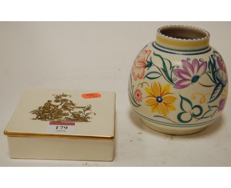 A Carltonware trinket jar and cover of square form, the lid gilt decorated with Chinese figures, together with a Poole potter