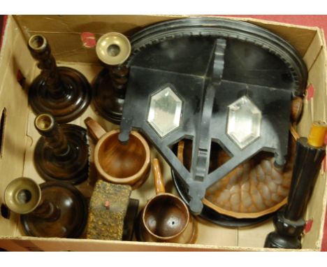 A box of miscellaneous items to include; two pairs of oak barleytwist candlesticks, ebonised wall bracket, tankard etc 