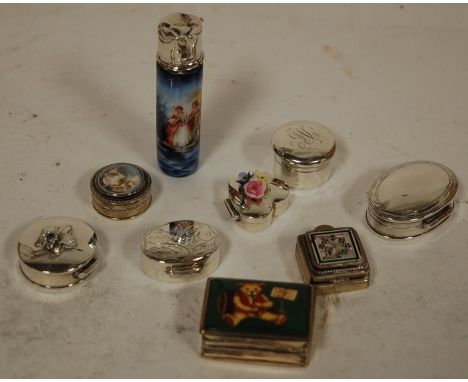 An Edwardian silver mounted scent bottle together with various silver and enamel pillboxes etc