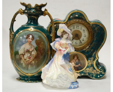 A Royal Doulton figurine of Catherine HN3708, together with a continental porcelain cased mantel clock, a matching vase and V