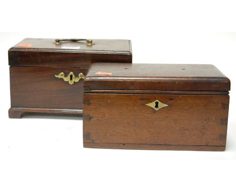 A George III mahogany tea caddy, of plain rectangular form, with later fitted interior; together with one other mahogany tea 