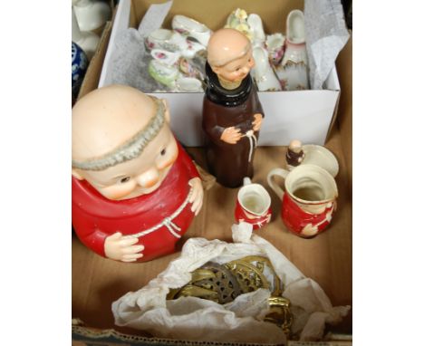 A box of miscellaneous items to include Goebel figural biscuit barrel and cover (a/f), Goebel figural decanter and stopper, v