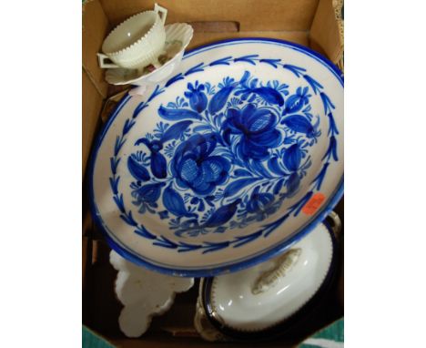 A small  Royal Worcester shell shaped vase together with a Delft plate, tureen and cover, milk glass cup etc