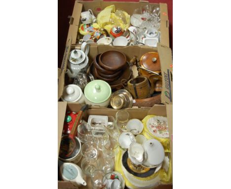 Three boxes of miscellaneous items to include various turned wooden bowls, biscuit barrel and cover, Japanese part tea servic