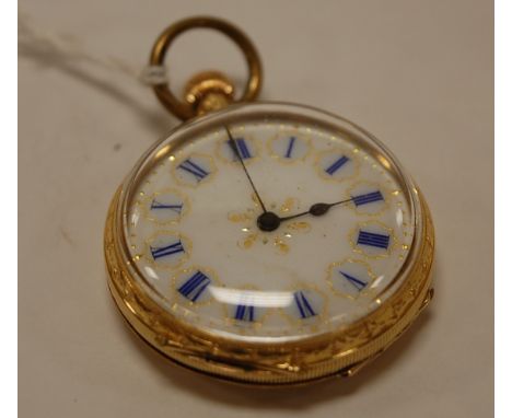 A ladies 18ct gold cased open faced pocket watch, having gilded white enamel dial and keyless movement, 34.6, dia.3.5cm