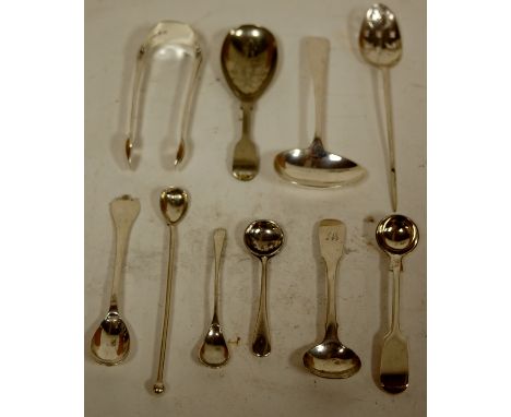 A Victorian Scottish silver mustard spoon; together with various other silver flatware to include sugar bows, ladle etc