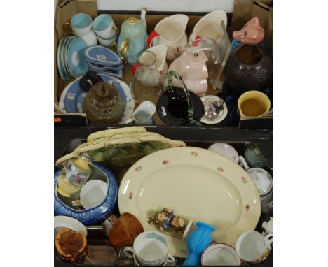 Two boxes of miscellaneous items to include; Wedgwood blue jasper ware pin tray, Wade Natwest pig moneybox, Hummel figure etc