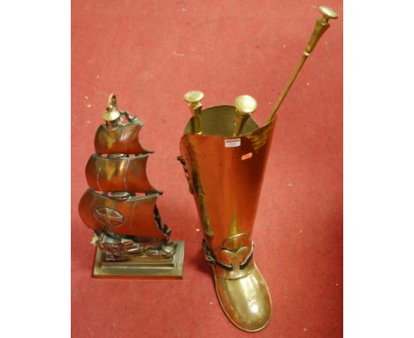 A coopered oak barrel together with two coopered oak planters, a brass stickstand in the form of a boot, and various brass fi