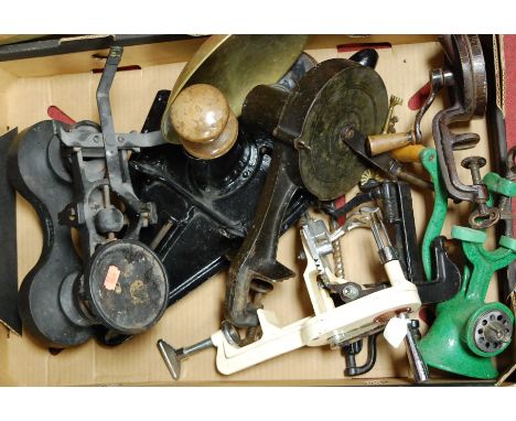 A box of miscellaneous kitchenalia to include; Spongs bean slicer, table-top mincer, scales and weights etc