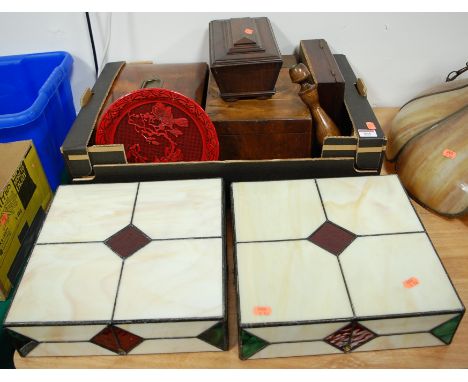 A Victorian oak tea caddy of sarcophagus form; together with a walnut and inlaid box, a cinnabar lacquered plate, and a turne