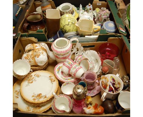 Two boxes of miscellaneous china to include; Crown Staffordshire part tea service, Wedgwood blue jasper ware trinket jar and 