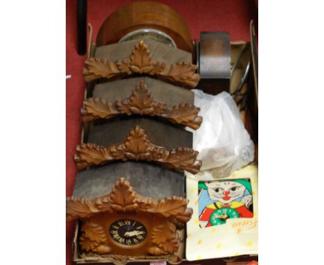 A 1930s oak cased mantel clock together with one other similar and four various cuckoo clocks etc