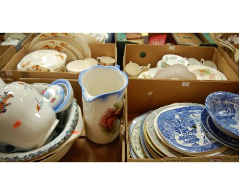 Five boxes of miscellaneous china to include; Copeland Spode Italian bowl, 19th century blue and white strainer (a/f), Bovey 