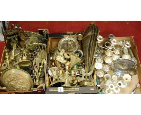 Three boxes of miscellaneous metalwares to include turned brass candlesticks, brass peacock style fire screen, silver plated 
