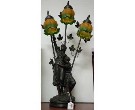 An Art Nouveau style figural three branch table lamp each with frilled glass shade